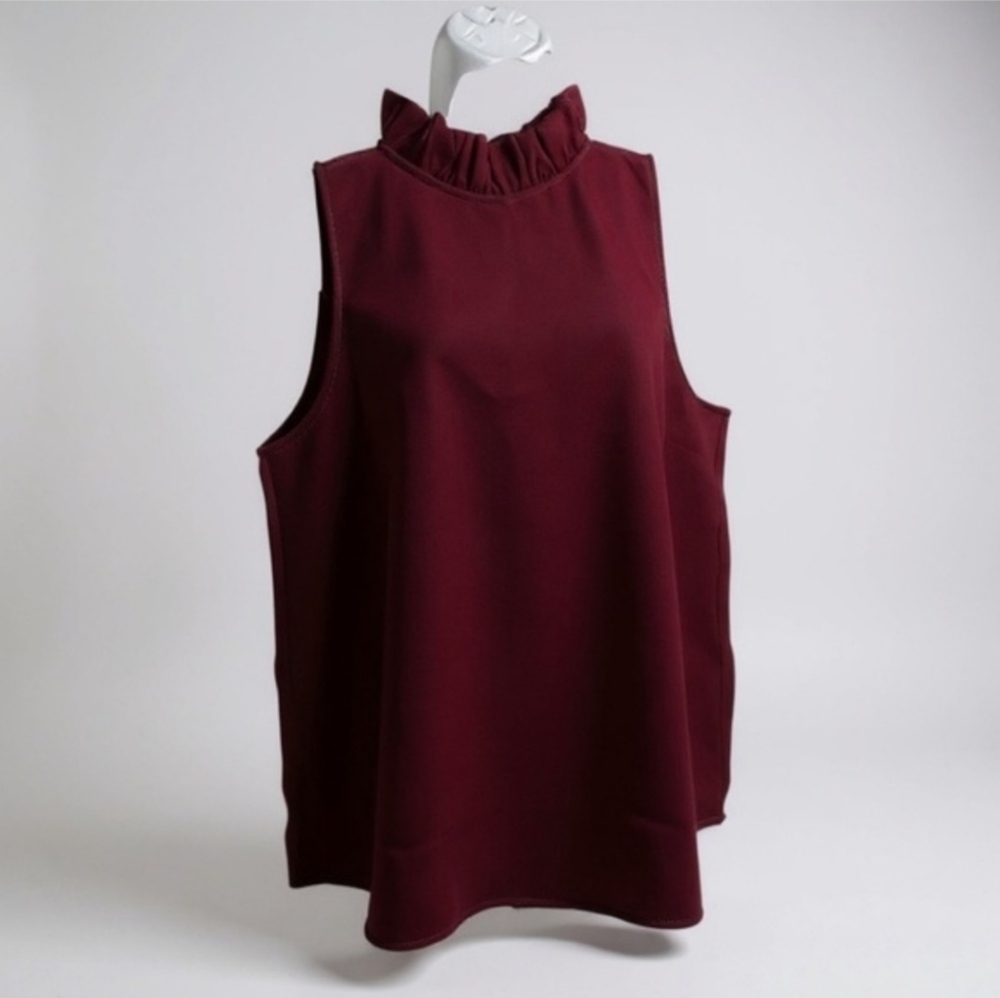 J. Crew Burgundy Ruffle Neck Blouse Sz L  Excellent Condition